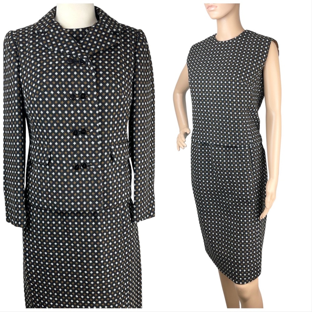 Vintage Branell Montaldos Suit 3 Piece Top Skirt Jacket Black White Brow…